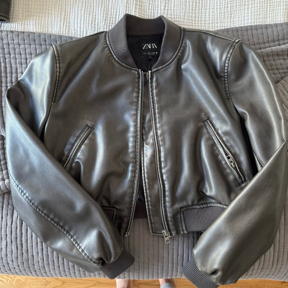 Zara cropped leather bomber jacket